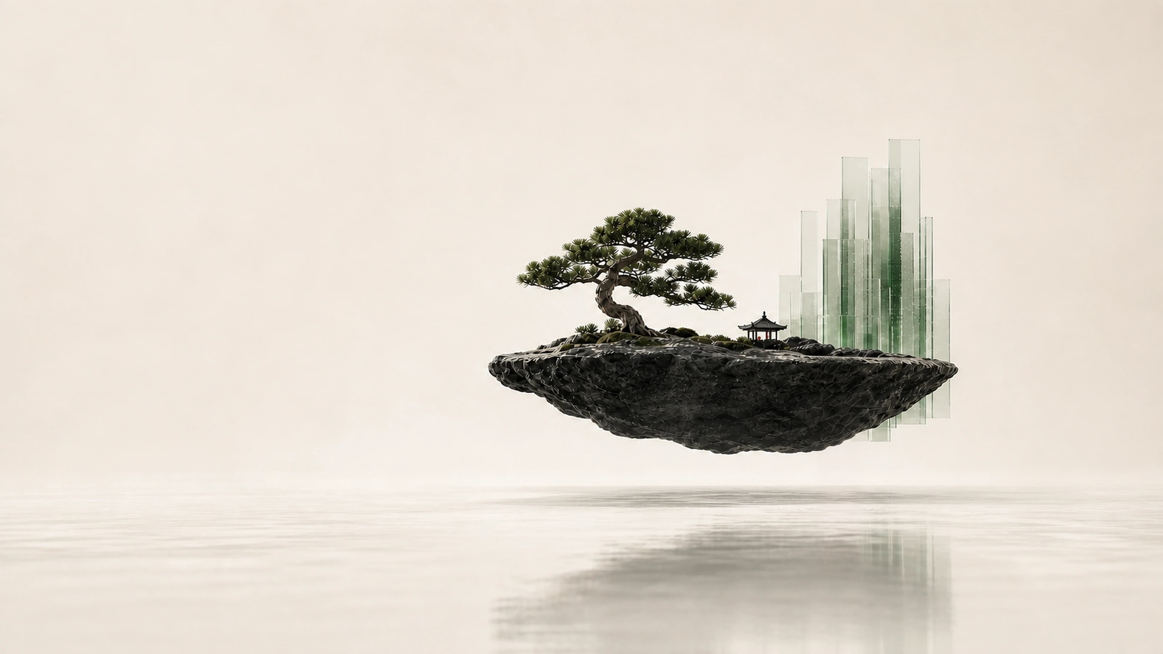A bonsai and pavilion on a floating island beside a waterfall and translucent towers