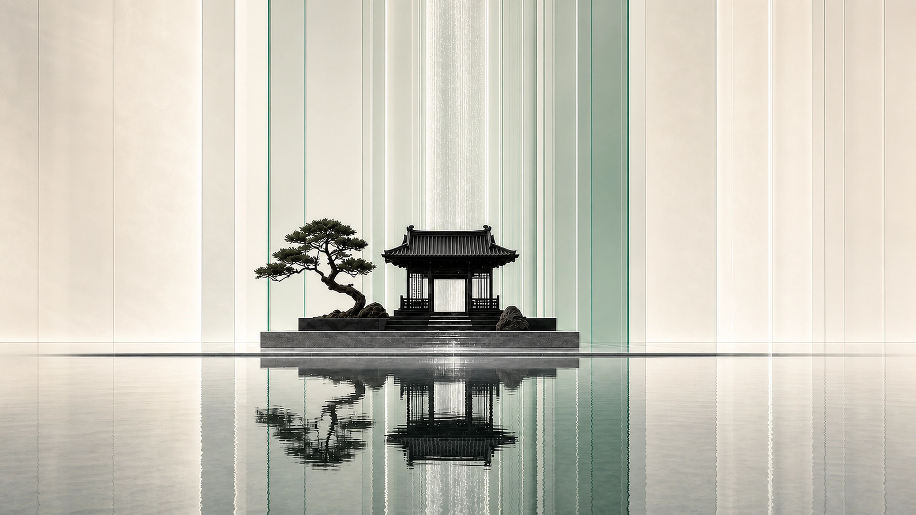 A quiet pavilion and bonsai reflected across water between translucent architectural panels