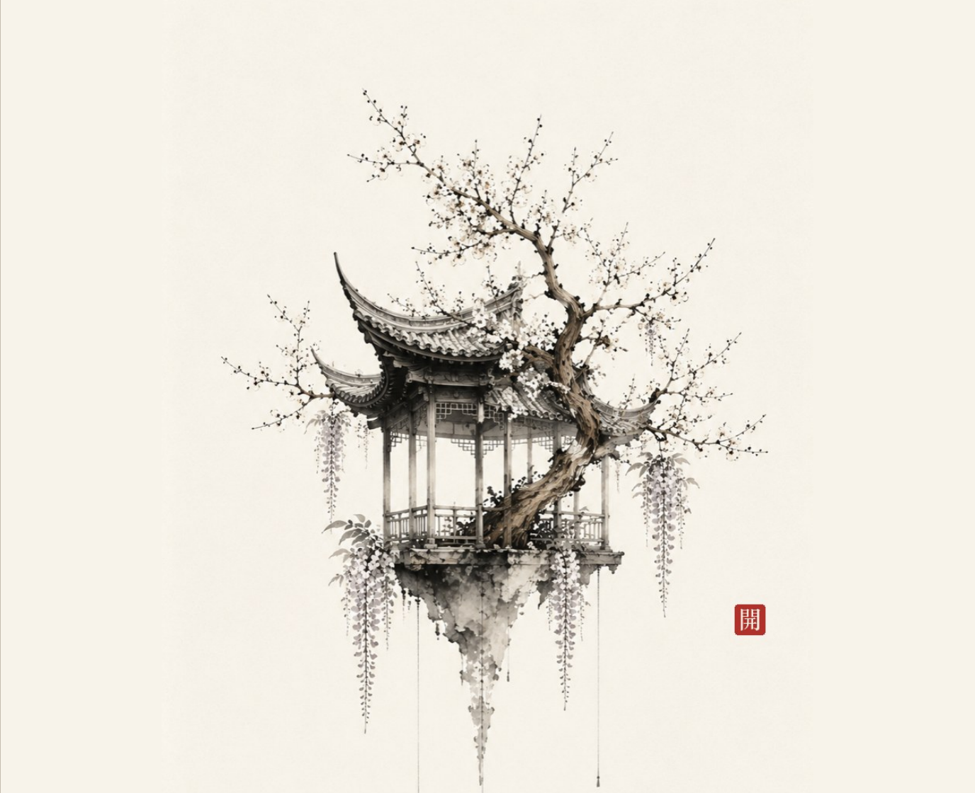 A flowering tree rising through a traditional Chinese pavilion in the OPM Labs editorial style